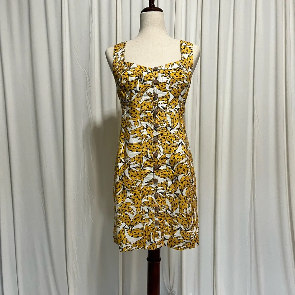 FARM Rio Yellow and White Banana Print 100% Linen Mini Dress - Picture 4 of 8